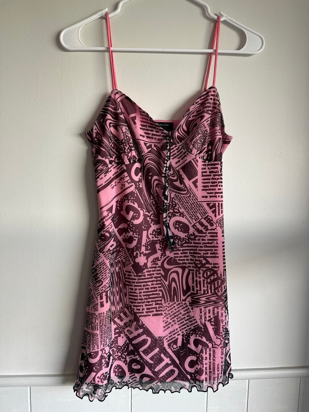 Urban Outfitters Pink Newspaper Print Mesh Mini Dress Small Y2K Lettuce Edge